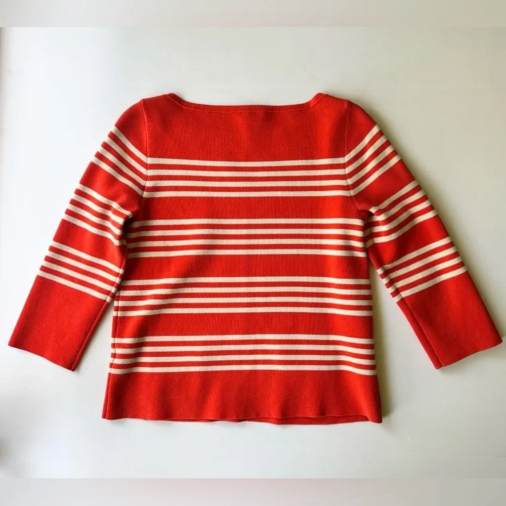 J. Crew Boatneck Popover Sweater in Orange Knit w/ Cream Stripes Pockets Size S